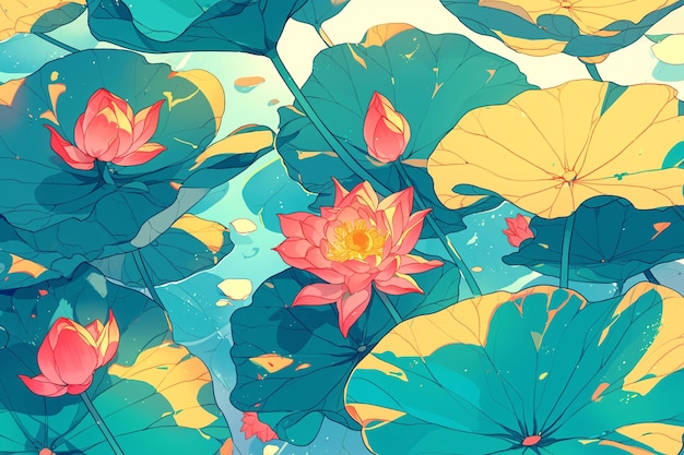 a colorful illustration of lotus flowers and leavesLixia solar term national tide landscape illustr