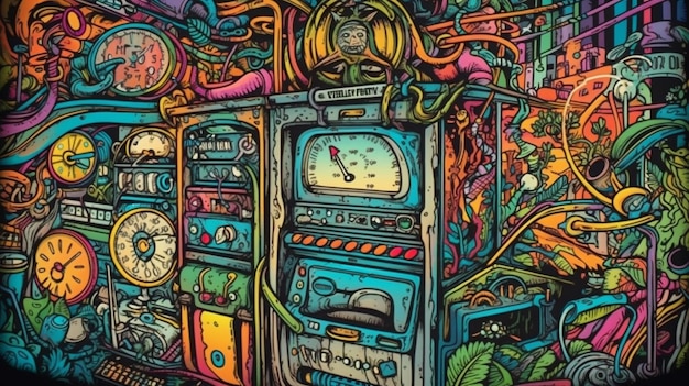 A colorful illustration of a machine with a clock on it.