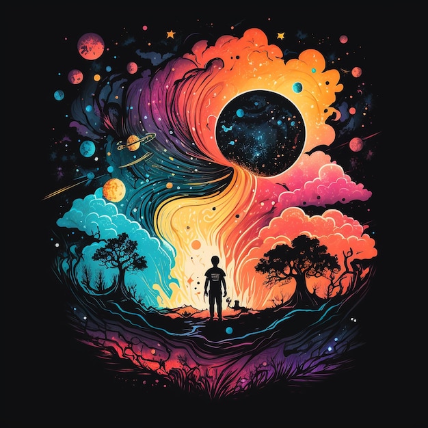 Photo a colorful illustration of a man looking at a planet with a planet in the background.