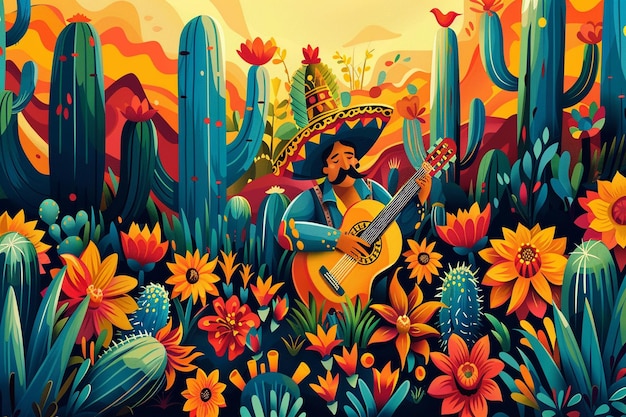 a colorful illustration of a man playing a guitar in a desert