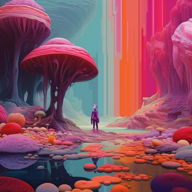 A colorful illustration of a man standing in a forest with a large mushroom on the left.