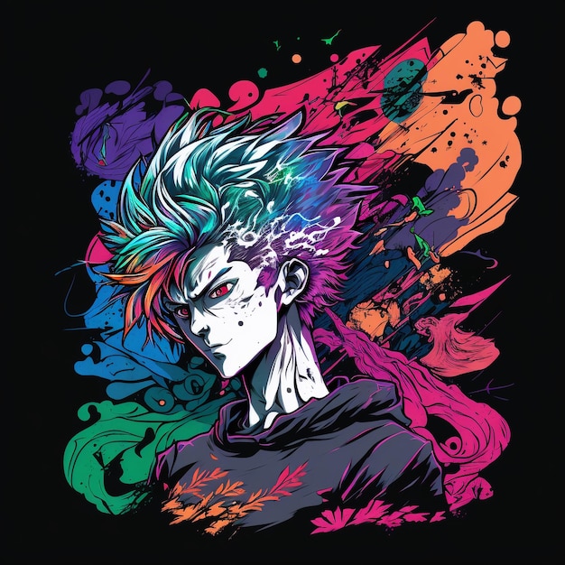 A colorful illustration of a man with a black hoodie and a rainbow colored hair.