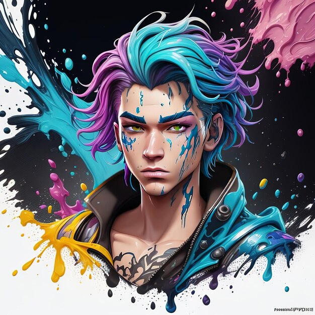 A colorful illustration of a man with a blue and purple hair and a rainbow colored hair.