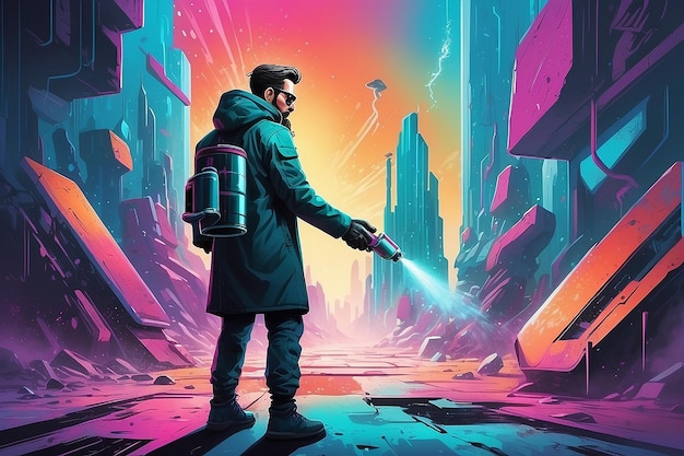 colorful illustration of a man with spraycan in futuristic area