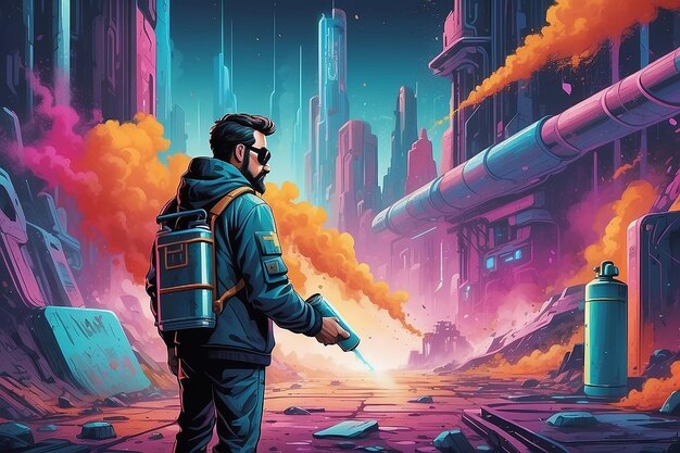 colorful illustration of a man with spraycan in futuristic area