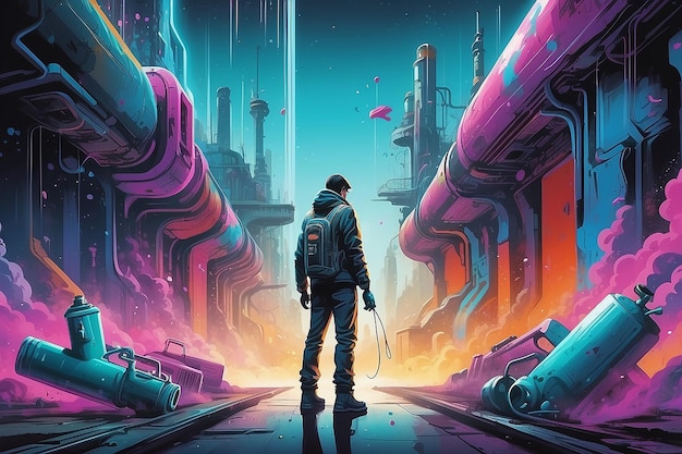 colorful illustration of a man with spraycan in futuristic area