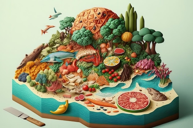 Foto un'illustrazione colorata di una mappa del cibo con una varietà di frutta e verdura.