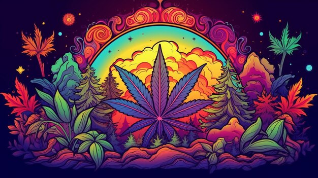 a colorful illustration of a marijuana leaf surrounded by plants and clouds generative ai