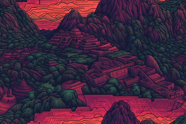 A colorful illustration of the mayan ruins in the mountains.