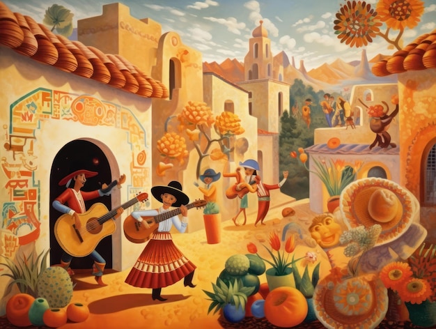 Colorful illustration of mexican scene with dancing and men playing guitar