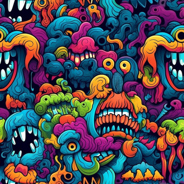 a colorful illustration of a monster with many faces.