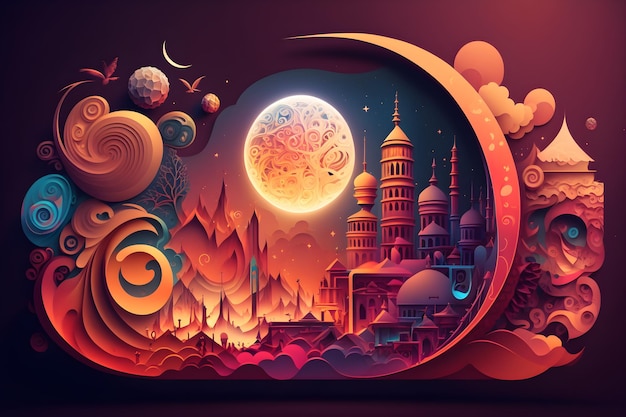 A colorful illustration of a mosque and moon.