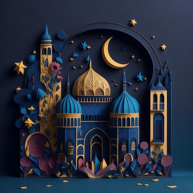 A colorful illustration of a mosque with a crescent moon and stars in the night sky