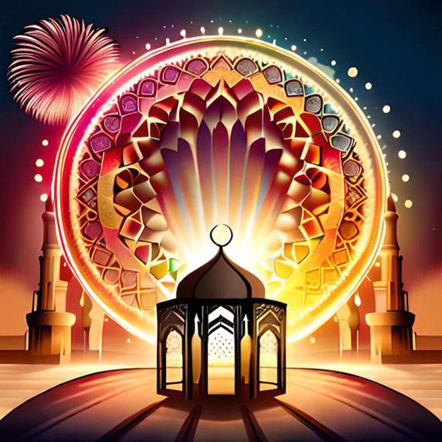 A colorful illustration of a mosque with fireworks in the background.