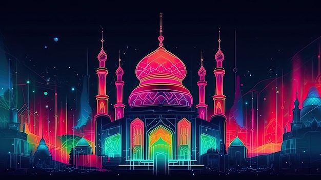 A colorful illustration of a mosque with a light on top The silhouette of a mosque in the night