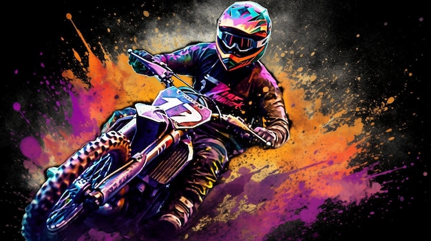A colorful illustration of a motocross rider with a helmet and goggles.