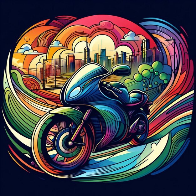 Photo a colorful illustration of a motorbike with a cityscape in the background