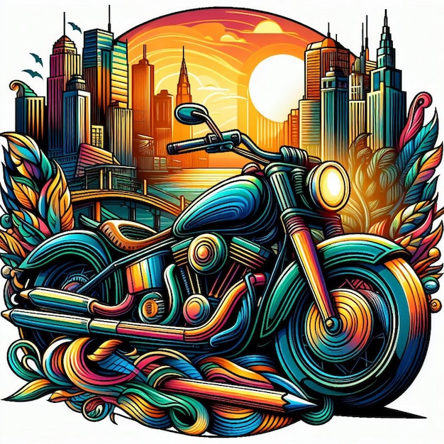 Photo a colorful illustration of a motorbike with a cityscape in the background