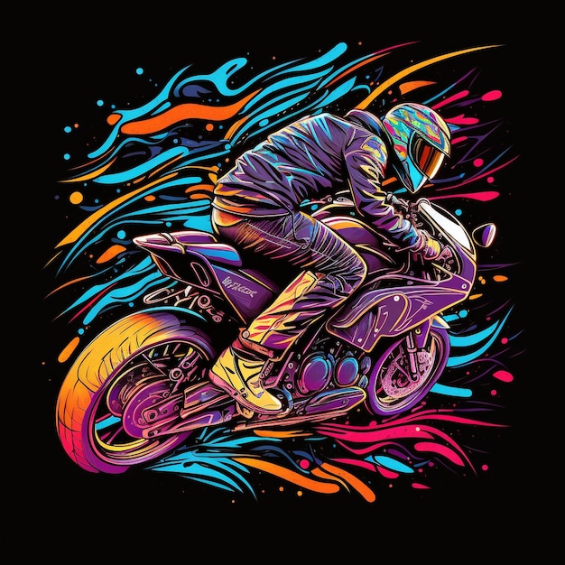 Photo a colorful illustration of a motorcycle rider with a helmet on his head.