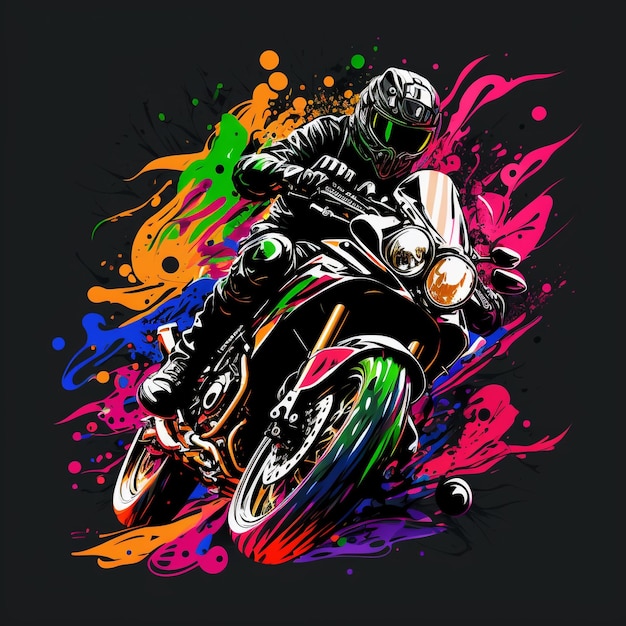 A colorful illustration of a motorcycle with a rider wearing a helmet.
