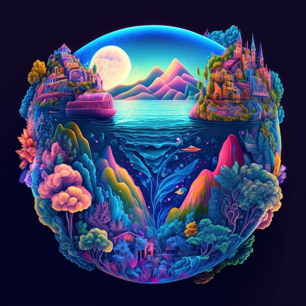 A colorful illustration of a mountain and a body of water with a mountain in the background.