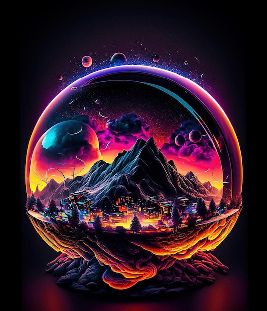 A colorful illustration of a mountain in a glass ball with a planet in the middle.