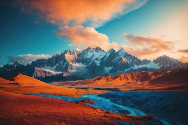 A colorful illustration of a mountain landscape with a blue and orange background