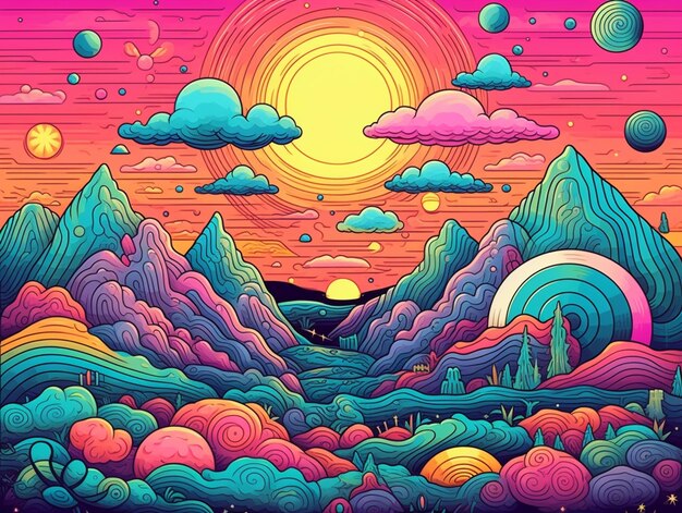 Photo a colorful illustration of a mountain landscape with clouds and sun generative ai