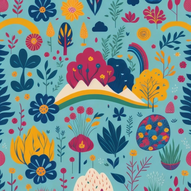 A colorful illustration of a mountain landscape with flowers and trees.