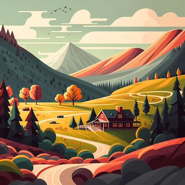 A colorful illustration of a mountain landscape with a house in the middle.