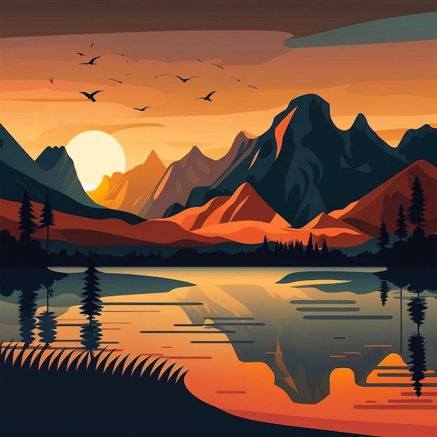 A colorful illustration of a mountain landscape with a lake and birds flying around.