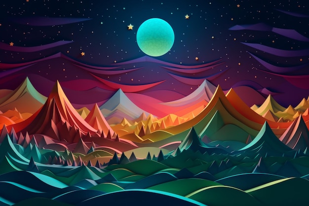 A colorful illustration of a mountain landscape with a moon in the background.