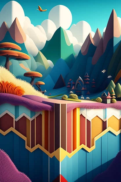 A colorful illustration of a mountain landscape with a mountain in the background.