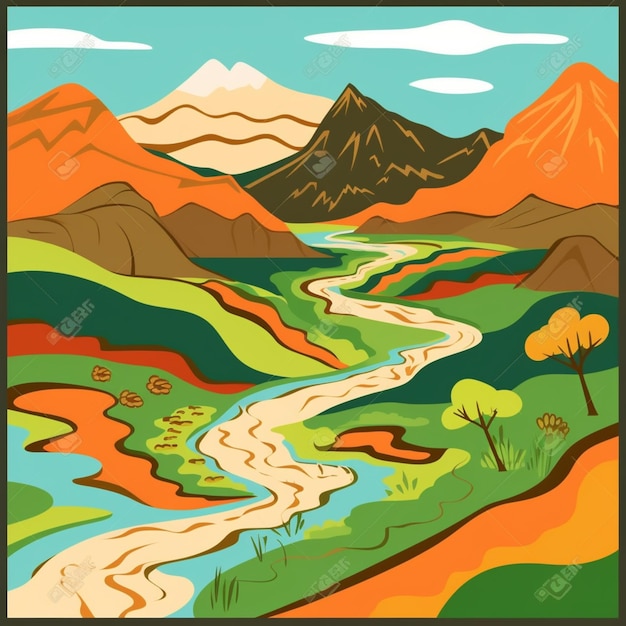 Photo a colorful illustration of a mountain landscape with a river and mountains in the background.