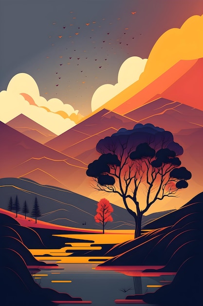 A colorful illustration of a mountain landscape with a river and a tree in the foreground.