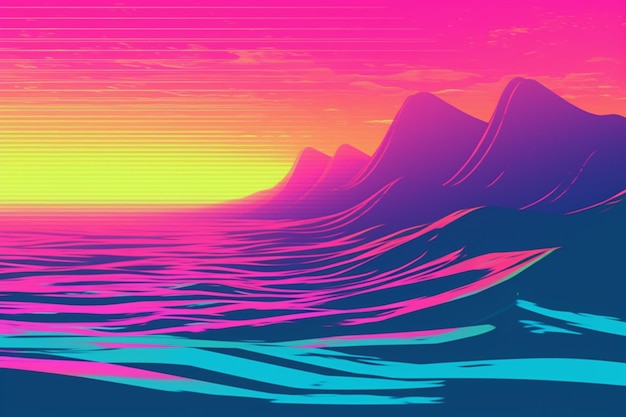 A colorful illustration of a mountain range with a sunset in the background.