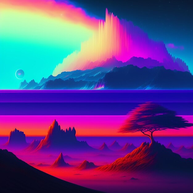 A colorful illustration of a mountain and a tree with a rainbow on it.