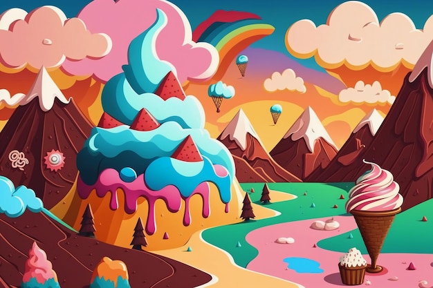 A colorful illustration of a mountain with a blue frosting that says " cake ".