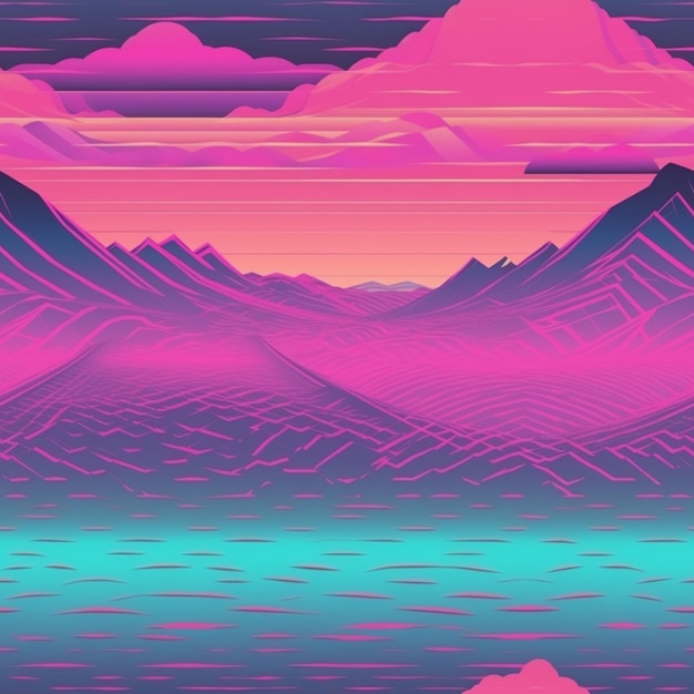 A colorful illustration of mountains and the sea