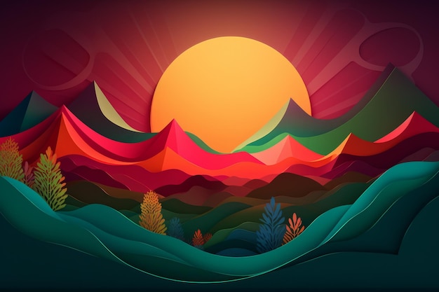 A colorful illustration of mountains and trees with the sun shining on them.