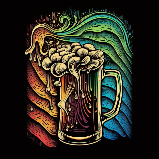 Photo a colorful illustration of a mug of beer with a rainbow on the bottom.