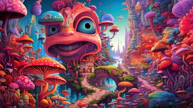A colorful illustration of a mushroom house with a giant monster face