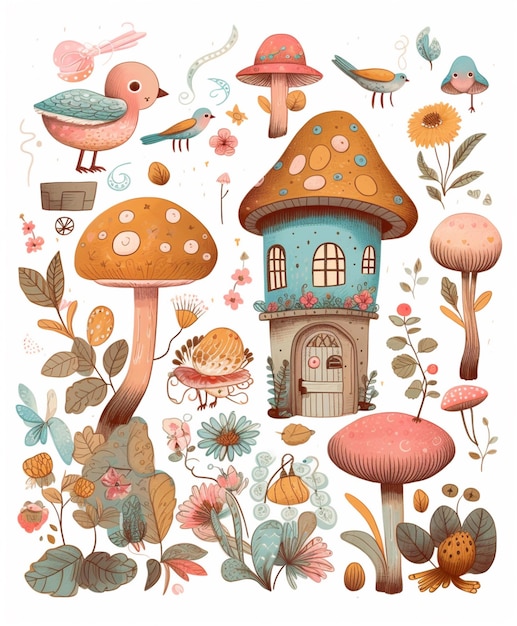 A colorful illustration of a mushroom house with a mushroom house and birds.