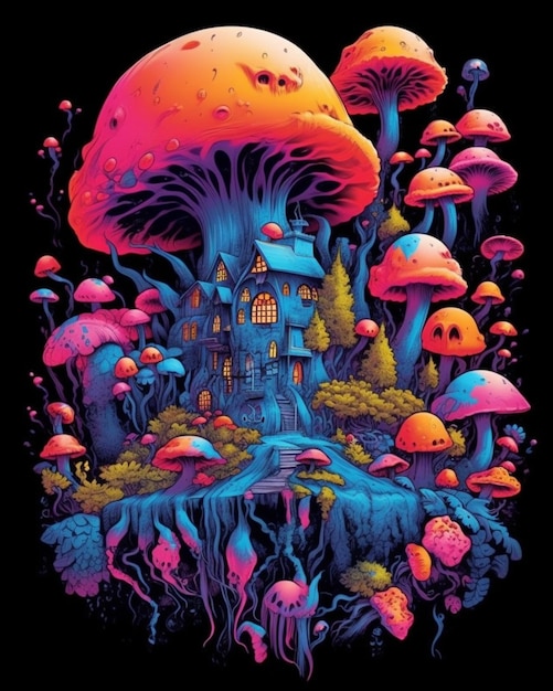 A colorful illustration of a mushroom house with a mushroom house on the bottom.