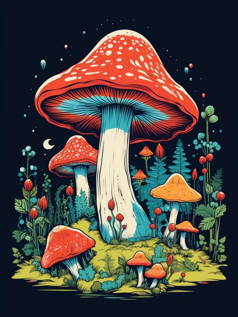 A colorful illustration of a mushroom and a mushroom