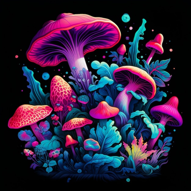 a colorful illustration of a mushroom and mushrooms.