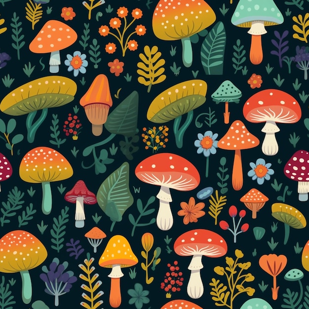 A colorful illustration of mushrooms and flowers.