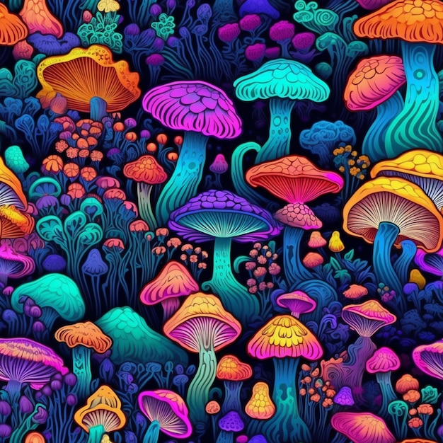 Photo a colorful illustration of mushrooms in a forest.