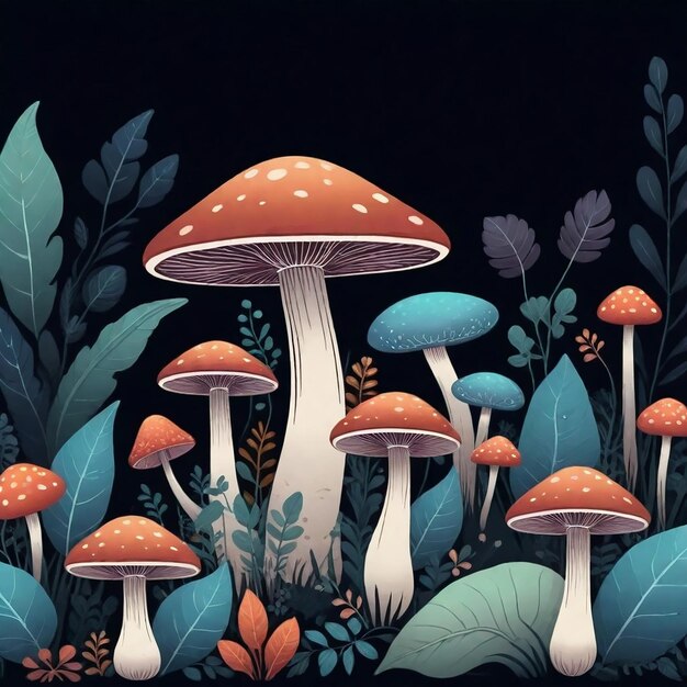 a colorful illustration of mushrooms and plants with different colors