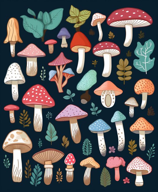 A colorful illustration of mushrooms with different colors and the words " mushrooms " on the bottom.